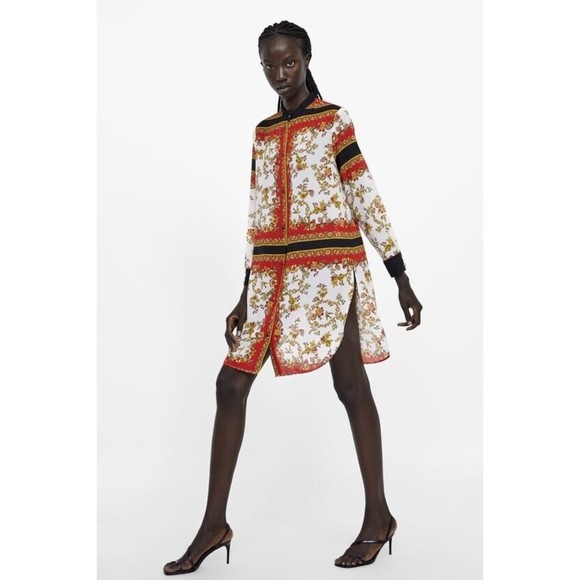 ZARA | Floral Scarf Button Down Shirt Dress Sheer Tunic Size: Small - Picture 3 of 9